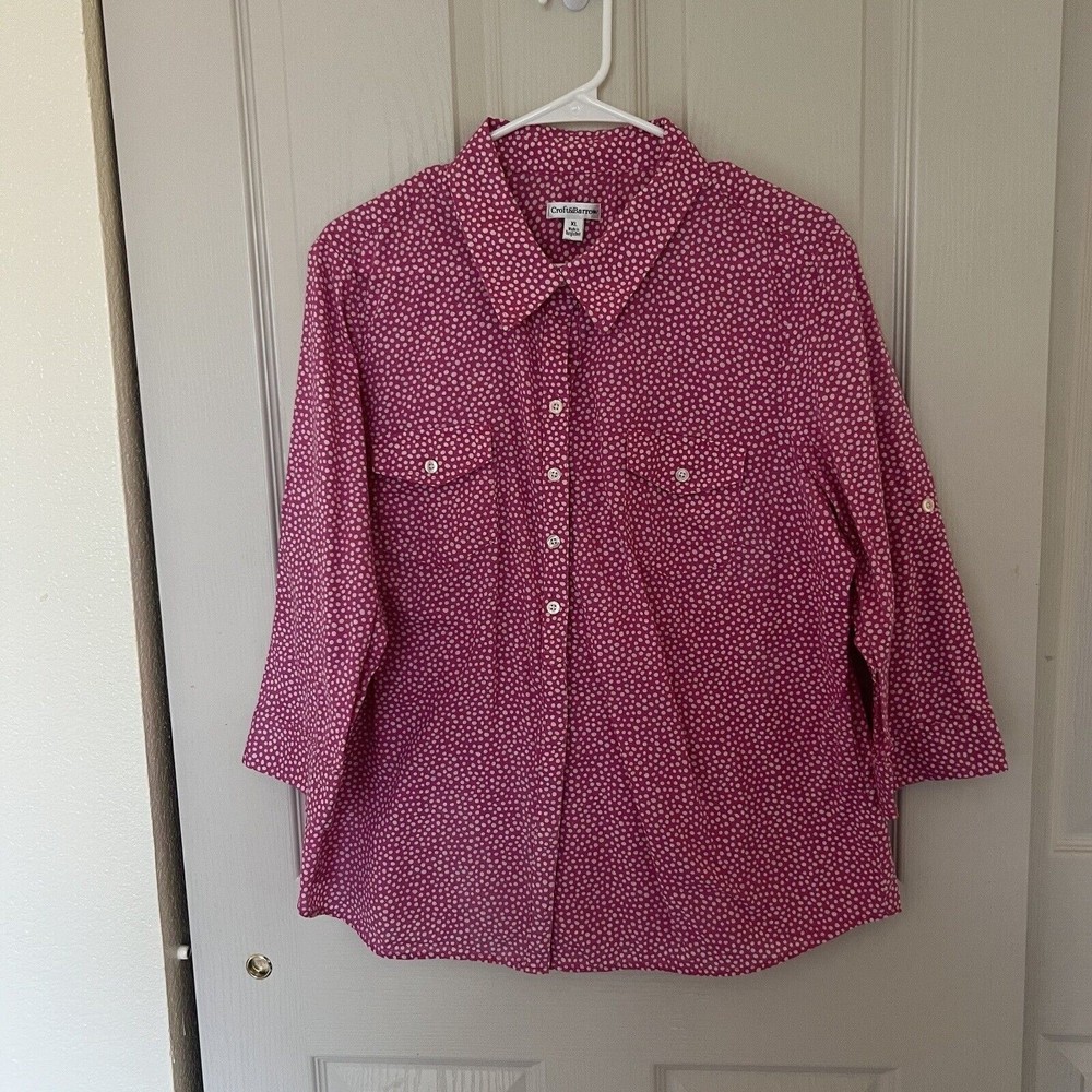 Croft & Barrow Pink and White Polka Dot Blouse Size XL Roll Tab Sleeves 3/4